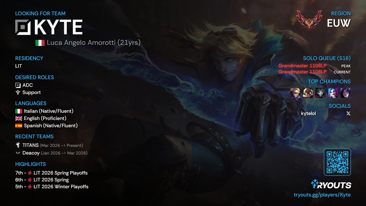 kytelol's tweet photo. Took a split off to focus on improvement. Open to explore new opportunities now. Mainly LIT1 or spanish erl. 
dm me on discord: kyte666 https://t.co/AIsBBJo7nQ
