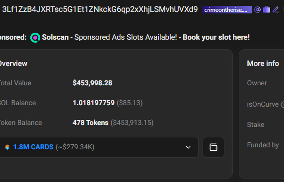 _raychain_'s tweet photo. AF3ammut42hrkoQu9q1HNAStnpzn5hVT4n36aqUbpump
deployed by @Evan_ss6?? 
you can see the funding wallet has the domain crimeontherise.sol, which he has posted 
also has 300k in cards? https://t.co/OdgqzVmBrK