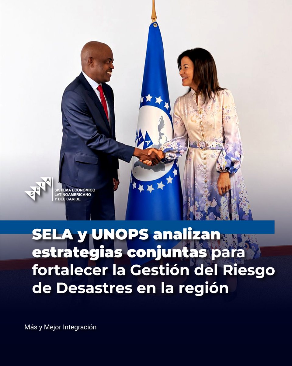 SELAInforma's tweet photo. 🌎 El Secretario Permanente del SELA, Embajador Lesly David (@leslydavid222) sostuvo este martes una reunión con la Directora Regional de @UNOPS_es para América Latina y el Caribe, Dalila Gonçalves, con el propósito de evaluar iniciativas conjuntas para la Gestión del Riesgo de Desastres y el impulso a la infraestructura sostenible, resiliente e inclusiva en la región.

🤝 Durante el encuentro, realizado en la sede del #SELA en Caracas 🇻🇪, las autoridades revisaron temas estratégicos de interés común relacionados con la integración energética, el desarrollo de infraestructura y la capacitación en Gestión del Riesgo de Desastres (GRD).

📍#SELA y #UNOPS comparten una visión alineada en aspectos clave para el desarrollo regional, especialmente en lo relacionado con la GRD y la infrestructura sostenible, por lo que han fortalecido la articulación de sus agendas de trabajo a fin de promover acciones conjuntas que generen soluciones efectivas frente a los desafíos de América Latina y el Caribe.

✏️ La reunión entre #SELA y #UNOPS se llevó a cabo en el marco del “V Taller de Gestión del Riesgo de Desastres (GRD) en el Caribe: Fortaleciendo la resiliencia sistémica con enfoque social”, organizado por el #SELA y la #CISS, con el acompañamiento técnico de la #CEPAL, LA RED y la #UNOPS, que se realiza los días 26 y 27 de mayo en Venezuela. 🇻🇪

🔹 ¡Más y mejor integración!

#SELA #GRD #RiesgoDeDesastres #Caribe #ALC #UNOPS

@CancilleriaCol 🇨🇴 @CancilleriaPeru 🇵🇪 @SRE_mx 🇲🇽 @CancilleriaUy 🇺🇾 @CancilleriaHN 🇭🇳 @CubaMINREX 🇨🇺 @Cancilleria_ve 🇻🇪 @MRE_Bolivia 🇧🇴 @ColombiaEmbVzla 🇨🇴 @EmbBarVen 🇧🇧 @EmbHN_Venezuela 🇭🇳 @CancilleriaEc 🇪🇨 @CancilleriaPma 🇵🇦 @MIREXRD 🇩🇴 @Cancilleria_Ar 🇦🇷 @cancilleriasv 🇸🇻 @CancilleriaP @MinRexNicaragua 🇳🇮 @Minrel_Chile 🇨🇱 @MinexGt 🇬🇹 @ItamaratyGovbr 🇧🇷 @MOFAbahamas 🇧🇸 @MFABelize 🇧🇿 @mfaguyana 🇬🇾 @MOFAsur 🇸🇷 @mfcagovtt 🇹🇹; @comunidadandina @ALADI_SG @ACS_AEC @ALBATCP @sg_sica @CARICOMorg @A_delPacifico @mercosur @OLACDEORG @AgendaCAF @SP_SELAorg @mefpanama @CISS_org @cepal_onu @UNOPS_es @bncbanco_ @alexanderyd2030  @pcivil_vzla
