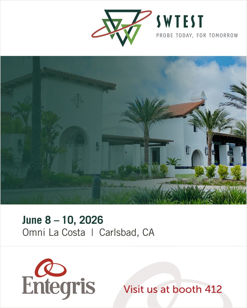 Entegris's tweet photo. Heading to #SWTest2026? Join Entegris at Booth 412 and attend our joint presentation with Texas Instruments and FormFactor, Inc. on the Dual Action #MEMS cleaning solution that improves probe performance and reduces cost of ownership. Learn more: https://t.co/F05cNTf6vF https://t.co/j7CC3itaTj