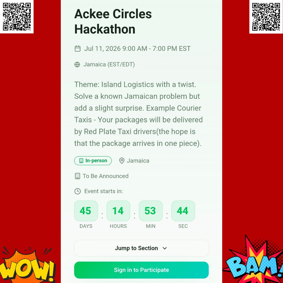 JamDevCo's tweet photo. 🚨Only 45 Days Until The Ackee Circle Hackathon💻

Do you want to finally be a winner like Arsenal? Then we have just the thing for you! 

Sign up for the Ackee Circle Hackathon today and you could walk away with a prize!

Tag your Arsenal friends! North London FOREVER!!

Registration Link: https://t.co/OvnGoh2I69

See you there!
#AckeeCircleHackathon #Networking #JADCommunity