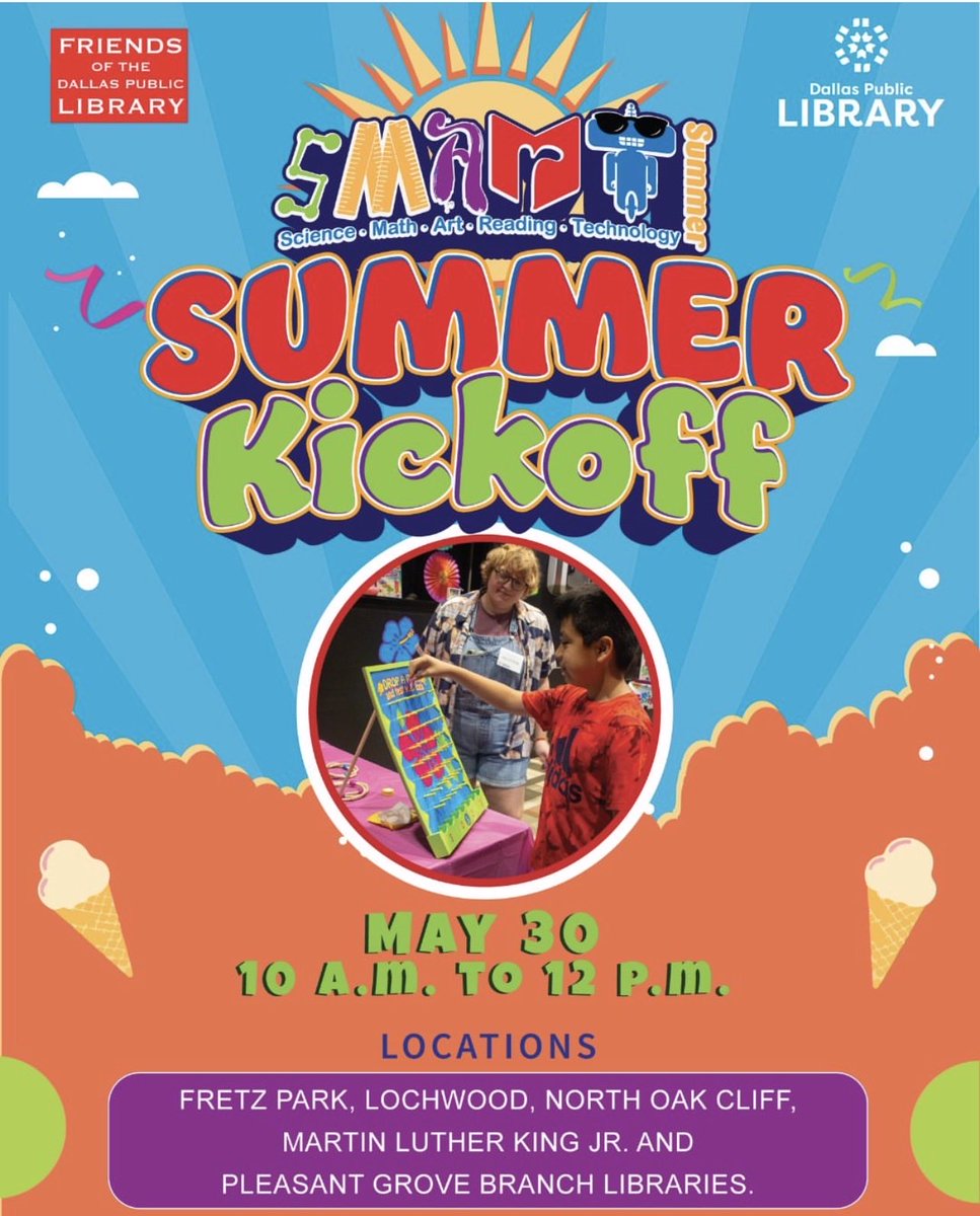 Junkins_Library's tweet photo. 🌞📚 SMART Summer 2026 starts May 30 with @dallaslibrary!
🎉 FREE books from DISD 🎮 Games &amp; family fun 📖 Sign up for summer reading
Join us at participating Dallas library branches and make this summer SMART! 😎☀️
#SmartSummer2026 #DallasPublicLibrary #SummerReading #DISD https://t.co/l2EBP5s0s0