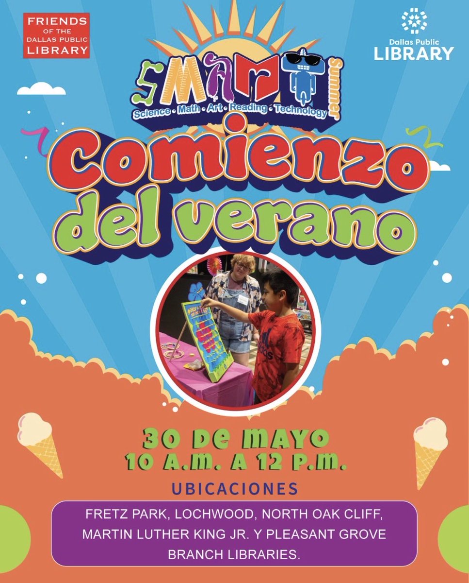 Junkins_Library's tweet photo. 🌞📚 SMART Summer 2026 starts May 30 with @dallaslibrary!
🎉 FREE books from DISD 🎮 Games &amp; family fun 📖 Sign up for summer reading
Join us at participating Dallas library branches and make this summer SMART! 😎☀️
#SmartSummer2026 #DallasPublicLibrary #SummerReading #DISD https://t.co/l2EBP5s0s0