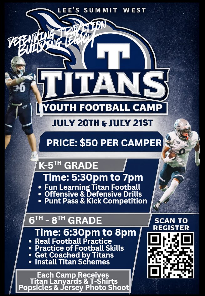 LSWTitanFB's tweet photo. Youth Camp has been Moved and Set for July 20th &amp; 21st! 
Future Titans get registered! #WeAreWest https://t.co/eRZfGF5wZ3