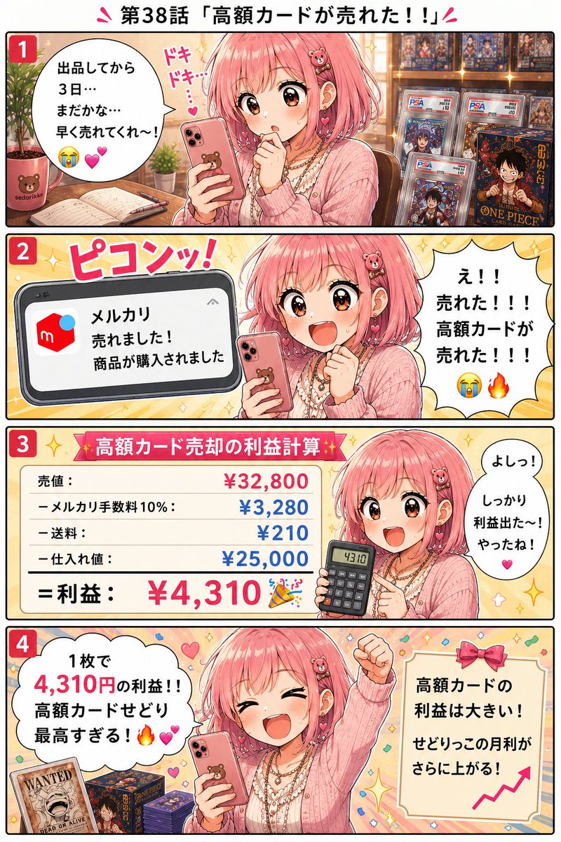 sedorikko_x's tweet photo. 第38話「高額カードが売れた！！」

出品してから3日…

ドキドキしながら待ってたら
ついに売れた！！😭🔥

1枚で4,310円の利益！！

高額カードせどり最高すぎる💕

#カードせどり #ワンピースカード #副業漫画 https://t.co/GS13YTxUV0