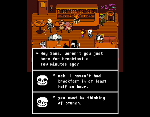 SinfullyLazy66's tweet photo. I've noticed that there has been some confusion regarding Brunch that I'd like to clear up. Brunch (left) is Sans's (right) identical twin. He's only seen once in game (the Gyftrot room), and is also mentioned once by Sans in Grillby's. https://t.co/TG1TD9Veac