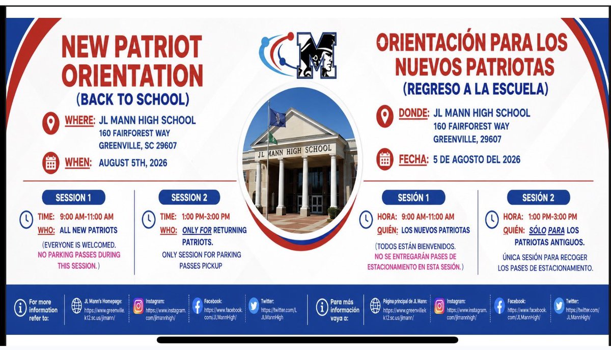 JLMannHigh's tweet photo. 🔹🔺New Patriot Orientation 2026! August 5th. Session 1: 9-11am for all New Patriots. Session 2: 1-3pm for all Returning Patriots. Review flyer for more information.  (Spanish translation in comments) https://t.co/fveozCxcYs