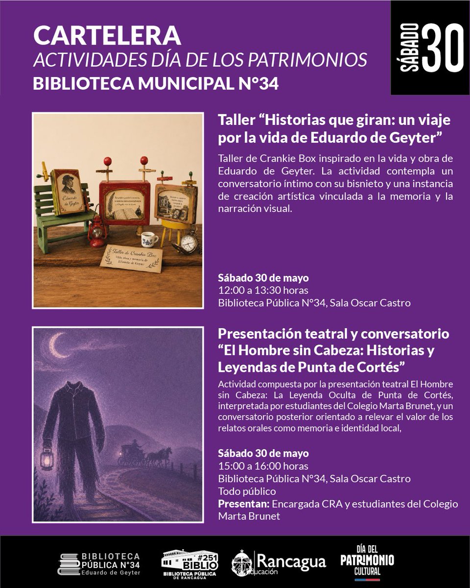 Cormun_Rancagua's tweet photo. Biblioteca Municipal N°34 (Eduardo de Geyter): Tendrá actividades ambos días, destacando la muestra histórica de revistas Sewell y portadas de El Rancagüino, conversatorios sobre O’Higgins de Rancagua, talleres sobre la vida de E. de Geyter, teatro y leyendas de Punta de Cortés. https://t.co/IsMmGJL5sX
