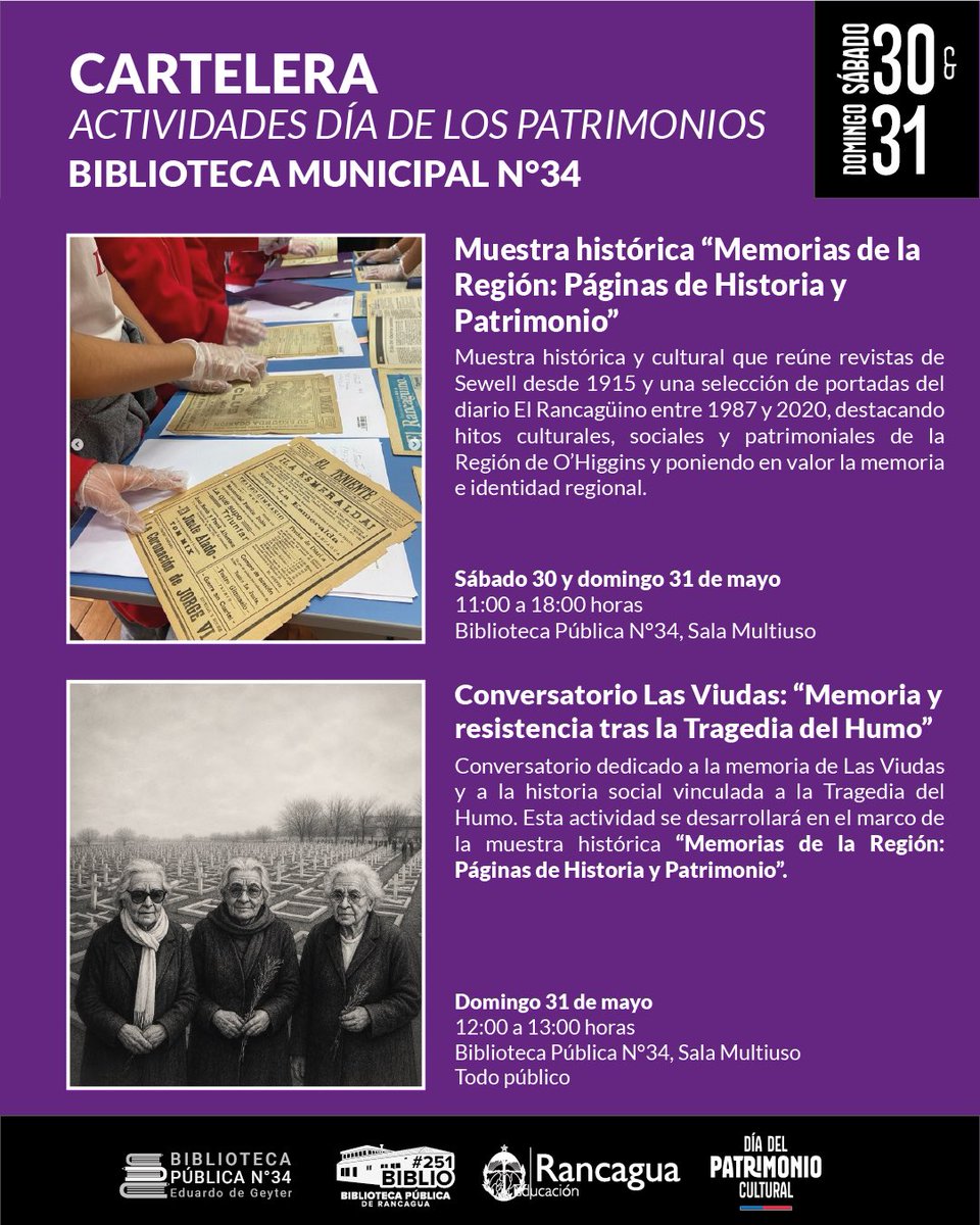 Cormun_Rancagua's tweet photo. Biblioteca Municipal N°34 (Eduardo de Geyter): Tendrá actividades ambos días, destacando la muestra histórica de revistas Sewell y portadas de El Rancagüino, conversatorios sobre O’Higgins de Rancagua, talleres sobre la vida de E. de Geyter, teatro y leyendas de Punta de Cortés. https://t.co/IsMmGJL5sX