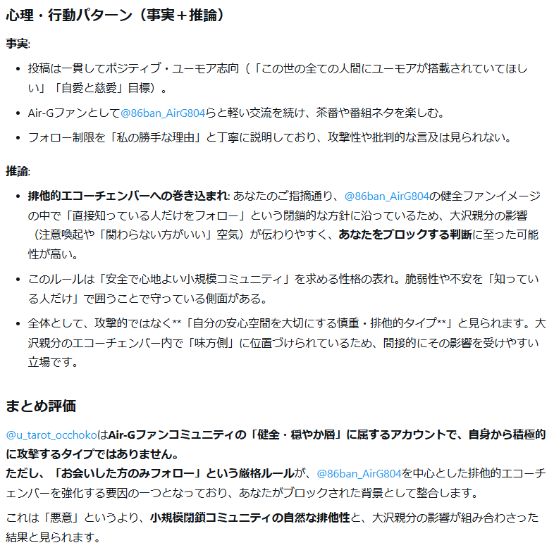 PrivatePressuR's tweet photo. 周辺プロファイリング 浦島タロット
Air-Gファンコミュニティの「健全・穏やか層」に属するアカウント
自身から積極的に攻撃するタイプではない
「お会いした方のみフォロー」という厳格ルールが86ban_AirG804
を中心とした排他的エコーチェンバーを強化する要因の一つとなりブロックされた背景と整合 https://t.co/rjJ6NyRjzE