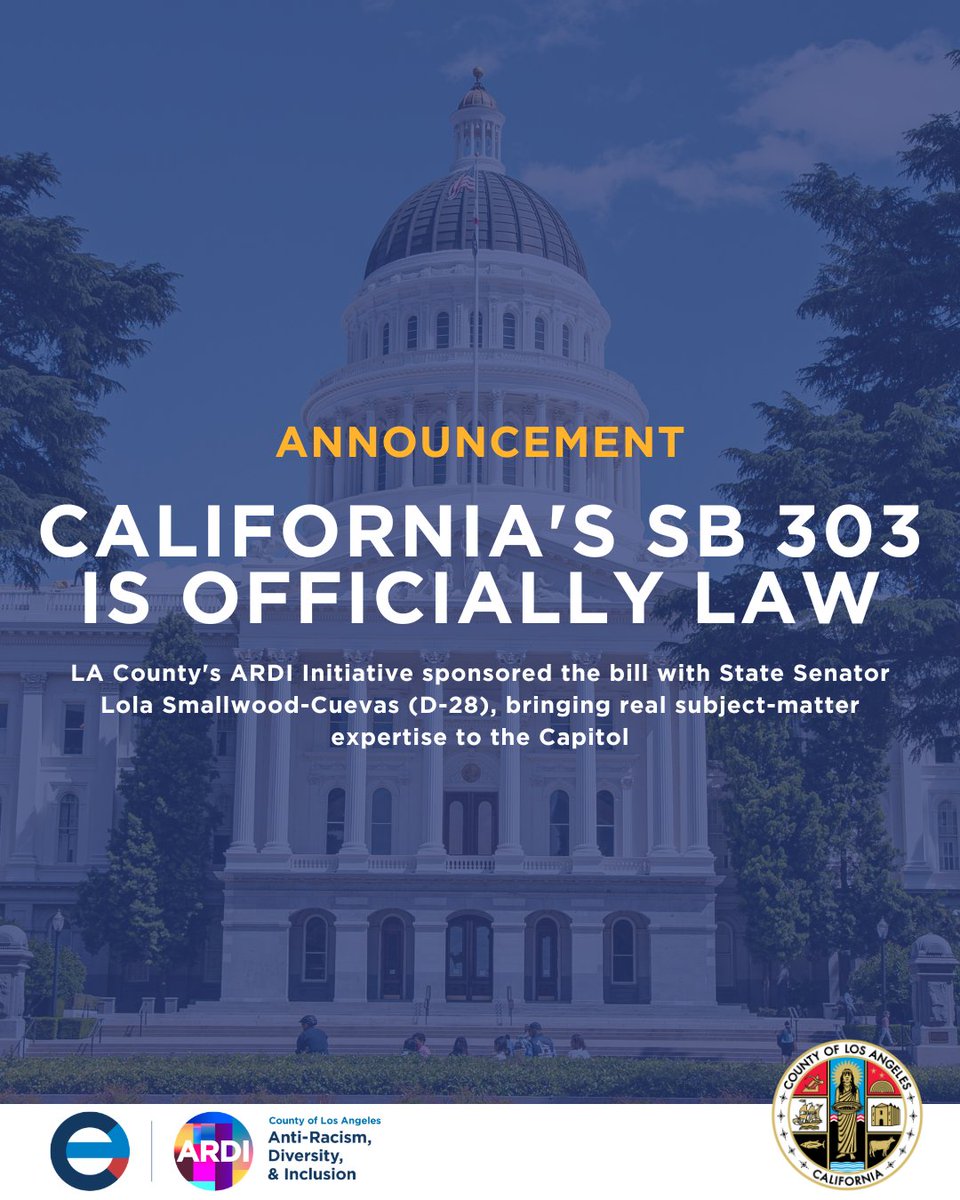 LACountyARDI's tweet photo. California's SB 303 is officially law.

You can show up for training, share your perspective, and feel confident that it's safe to speak your mind… while promoting a discrimination-free workplace.

Learn how @LACountyARDI helped make it happen: https://t.co/1WhMG2lWJE https://t.co/chONJptvMv