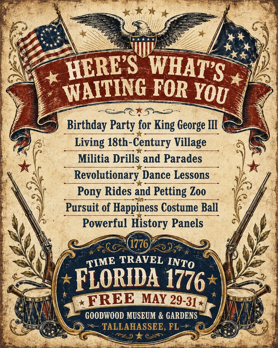 blogginmamas's tweet photo. Hey Mamas, three days! 🎉 Still deciding on Tallahassee this weekend? Time Travel into Florida 1776 is FREE May 29 to 31 with pony rides, food trucks, militia drills, dance lessons, a Costume Ball, and family fun. Tickets: https://t.co/IbCY5RbIN2

#TimeTravel1776 #FloridaMoms https://t.co/eE2mIPK7r9
