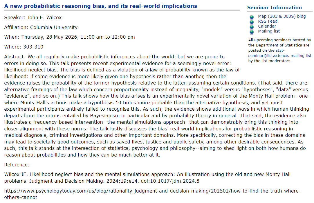 JohnEricWilcox's tweet photo. For those who are interested, tomorrow I will be presenting at the University of Auckland on a new probabilistic reasoning bias. Details are here: https://t.co/fqJtPCN1To https://t.co/xPlZgihSCH