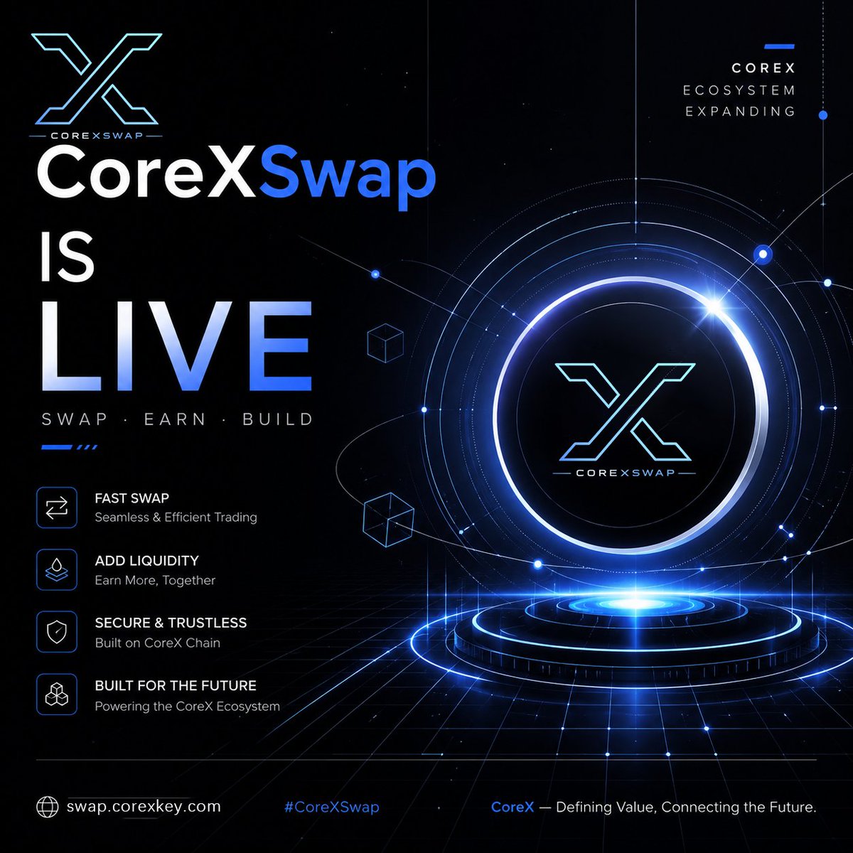 CoreXDev's tweet photo. 🚀 CoreXSwap is coming.

A new decentralized trading gateway for the CoreX ecosystem. ⚡️

🔄 Swap
💧 Add liquidity
🌐 Build markets
Designed for CoreX assets, multi-chain expansion, and the next generation of value-defined DeFi.
CoreX — Defining Value, Connecting the Future.

#CoreX #CoreXSwap #DeFi #Web3 #Base