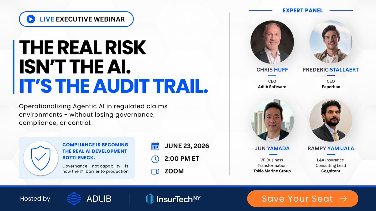 InsurTechNY's tweet photo. Claims leaders are under pressure to go agentic but speed without trust creates audit risk.

Join InsurTech NY &amp; Adlib for a practical webinar on how to operationalize agentic AI in claims.

June 23, 2026 at 2 PM ET.
https://t.co/tYaB7UQ3hz https://t.co/7fJg18lZYW