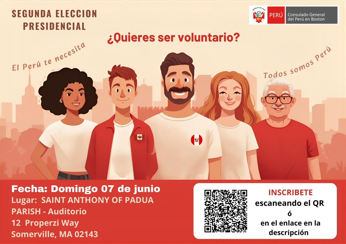 PeruEnBoston's tweet photo. El Consulado General del Perú en Boston invita a la comunidad peruana a participar como voluntarios en la Segunda elección Presidencial, este domingo 7 de junio  de 2026. Regístrate aquí 👇https://t.co/9mqDV1uQFC
¡Tu apoyo es fundamental para hacer posible esta jornada! https://t.co/bWZ0a1BJFG