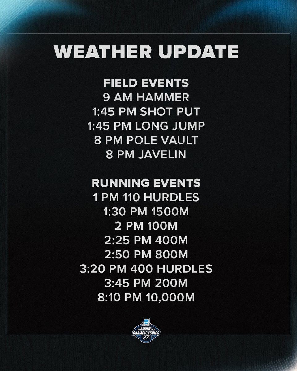 NCAATrackField's tweet photo. Due to anticipated inclement weather the following adjustments will be made to the schedule for 5/27 at the West First Rounds in Fayetteville. All times are CT.

#NCAATF https://t.co/UB53oIMwnK
