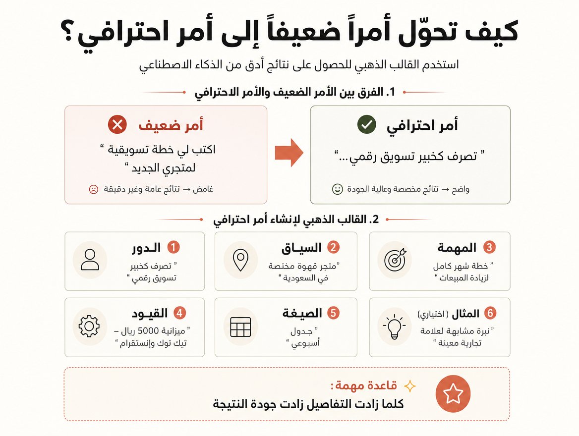 Lowlip2's tweet photo. هدية عيد الأضحى كل عام وانتم بخير 🎁

أن تصبح محترف بكتابة الأوامر بالذكاء الاصطناعي ب 10 د مع جي بي تي يساعدك بذلك 

كيف تحول أمراً بسيطاً (ضعيفاً) إلى أمر احترافي (قوي):

١. الأمر بطريقة عادية (ضعيف)

"اكتب لي خطة تسويقية لمتجري الجديد." هذا الأمر غامض، والذكاء الاصطناعي سيعطيك إجابة عامة جداً قد لا تفيدك.

٢. الأمر باستخدام "القالب الذهبي" (احترافي)
للحصول على نتيجة دقيقة، نقوم بتقسيم الأمر كالتالي:

_الدور: تصرّف كخبير تسويق رقمي متخصص في المتاجر الإلكترونية الناشئة.

السياق: لدي متجر إلكتروني جديد لبيع "القهوة المختصة" في السعودية، وأريد إطلاق أول حملة ترويجية لي في شهر رمضان المبارك.
المهمة: صمم لي خطة تسويقية شاملة لمدة شهر واحد تركز على زيادة المبيعات وبناء قاعدة عملاء.

القيود: لا تزيد الميزانية الإعلانية عن ٥٠٠٠ ريال، واعتمد بشكل أساسي على منصتي "تيك توك" و"إنستقرام". تجنب المصطلحات التقنية المعقدة.

الصيغة: قدم الخطة في شكل جدول أسبوعي يوضح (المحتوى، المنصة، والهدف من كل منشور).

المثال: (اختياري) "أريد نبرة صوت تشبه أسلوب شركة [اسم شركة] في التواصل مع عملائها"

"إذا كان هناك أي معلومة ناقصة تحتاجها لتعطيني أفضل نتيجة، يرجى سؤالي قبل البدء