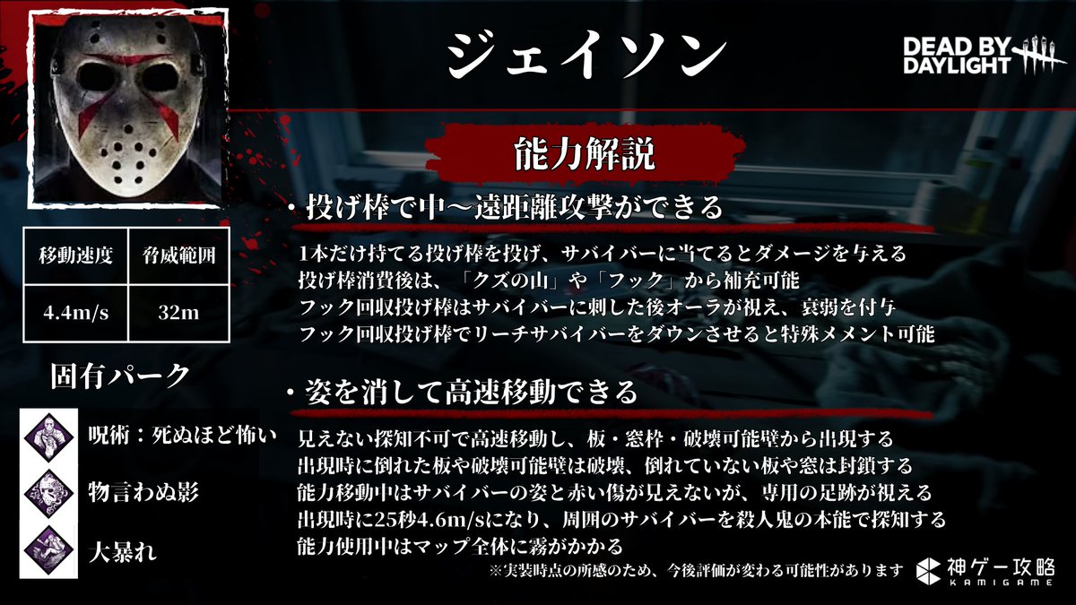 dbd_kamigame's tweet photo. ☠️ 新キラー「ジェイソン」の能力紹介☠️

新キラー「ジェイソン(スラッシャー)」の能力を1枚の画像にまとめました！

PTBでプレイした所かなり強そうです！
キラーtier表で言う所のtierAは有りそう( ᐛ )و

▼新キラー「ジェイソン」の能力解説と立ち回りのコツ、スキン
https://t.co/8diGTyjXNF
#DbD