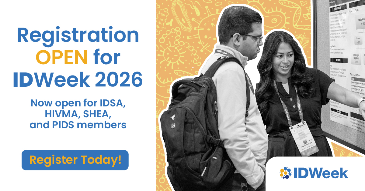 IDWeekmtg's tweet photo. Are you a member of @IDSAInfo, @HIVMA, @SHEA_Epi, or @PIDSociety? Now is your chance to register for #IDWeek2026 at reduced rates! Secure your spot and save before registration opens to the public next Tuesday, June 2: https://t.co/43W8s22IjK https://t.co/ThUW8akJBt