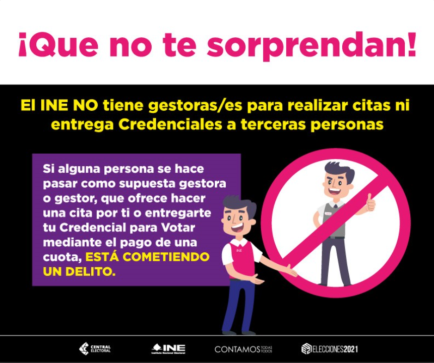 INEtelMX's tweet photo. ⚠️ El INE México NO TIENE GESTORAS/ES para realizar citas o entregar credenciales a terceras personas. Infórmate: https://t.co/0gaOAz3xxE. https://t.co/rsVObQxufj