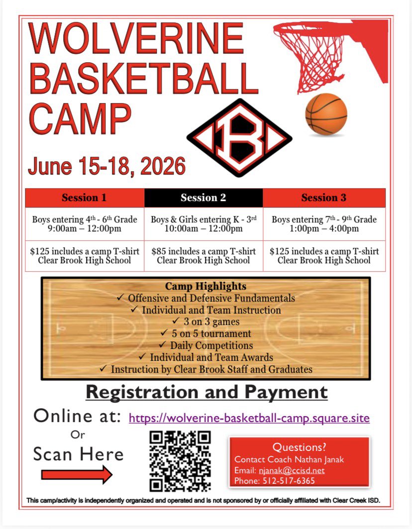 ClearBrookHoops's tweet photo. Wolverine Basketball Camp is just a few weeks away. Registration is open but availability is filling up quickly. Get signed up today! @ClearBrookHS 

https://t.co/gUA0VXlHgV https://t.co/bkU9K8S80w