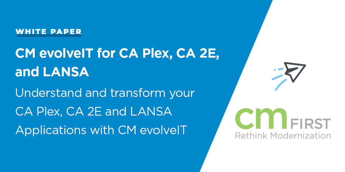 CMFirstGroup's tweet photo. CM evolveIT will reduce risk, improve DevOps, and speed up development efforts focused on moving your CA Plex/CA 2E/LANSA system into the future.

https://t.co/sUsTI9E0bs https://t.co/fhA6p7QPeB