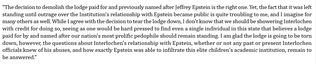 TheDailyRem's tweet photo. Just got a statement from Rep. Penelope Tsernoglou (D-East Lansing) on the announcement from Interlochen Center of the Arts that they plan to demolish the building donated by Jeffrey Epstein. Tsernoglou has lead the effort to get a state probe of Epstein/Interlochen ties. https://t.co/TaE8cEYpvR