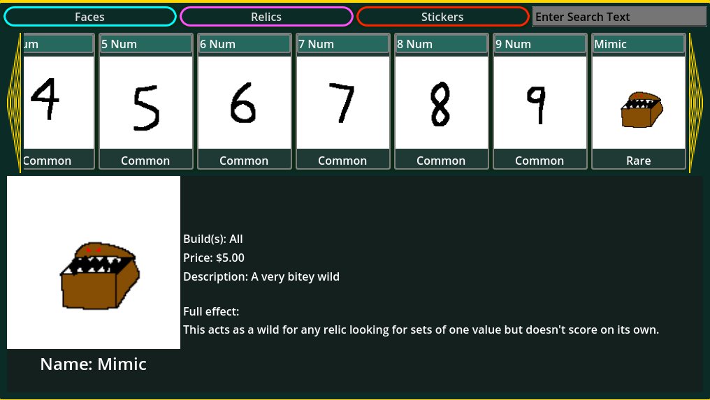 ProfBytes's tweet photo. Working on adding full descriptions for items in my game. Mimics are one I'm pretty happy with (minus the art).  I need to distinguish them from another face still or cut them... Maybe I'll make the other wild have a random poker suit. #gamedev #indiedev #indiegame https://t.co/41kCRYweId