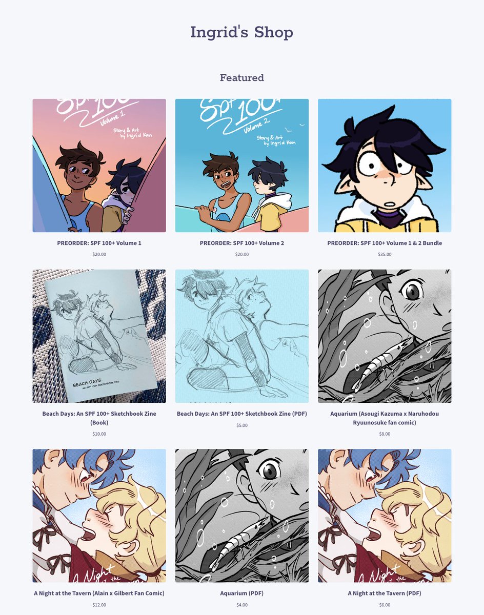typical_ingrid's tweet photo. SPF 100+ comics and Great Ace Attorney doujinshi are up for preorder now! I also have limited stock of both my Unicorn Overlord doujinshi and sketchbook zines. You can use the discount code below until 6/14 for free shipping on doujinshi ONLY! https://t.co/4bPKbiDffn