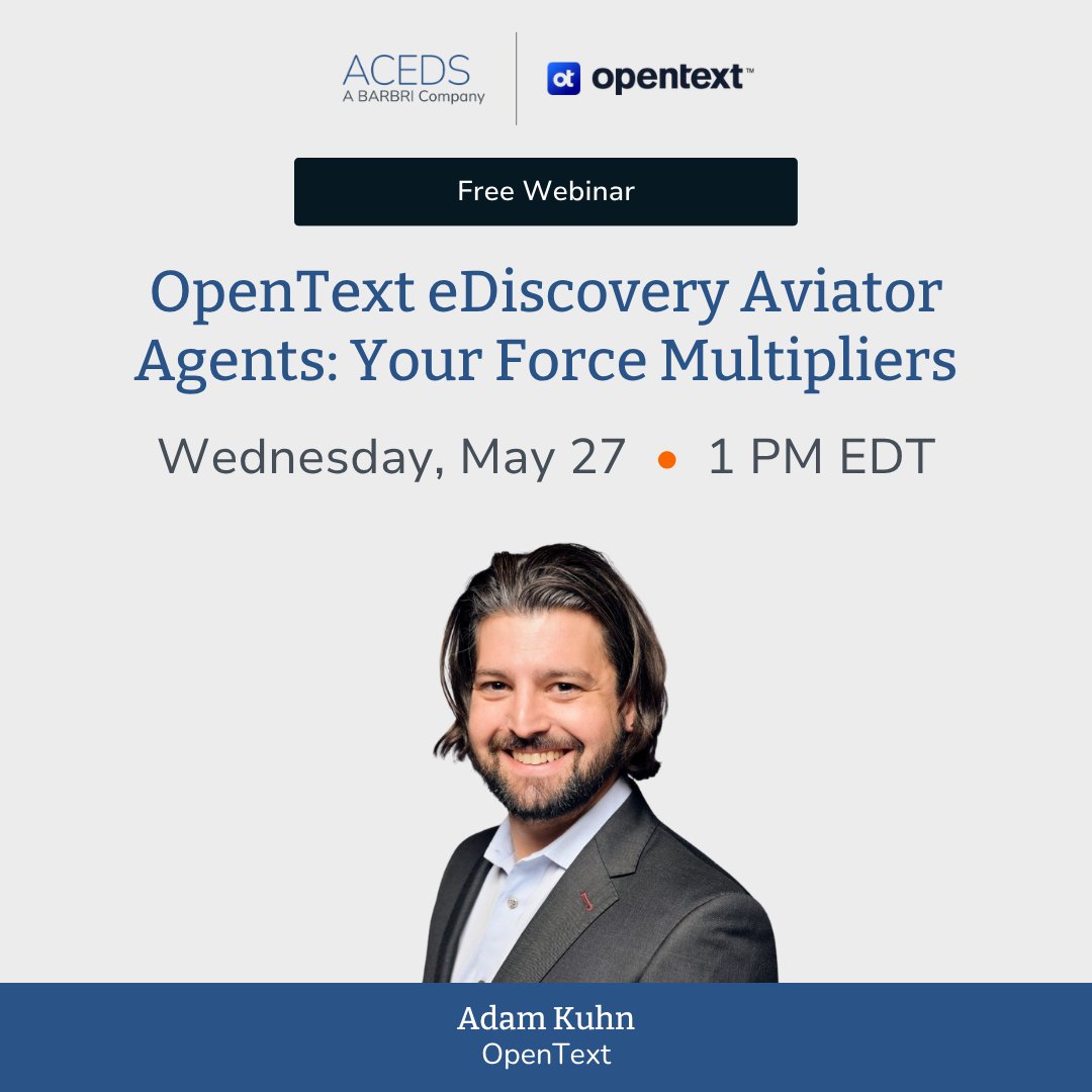 acedsonline's tweet photo. Join Adam Kuhn to see how OpenText Aviator Agents execute complex legal workflows—like chronology building, DSARs, and case research—at superhuman speeds, without sacrificing attorney oversight or defensibility. 

Register here: https://t.co/jFIbjJQJGj https://t.co/gBrSaru5bB