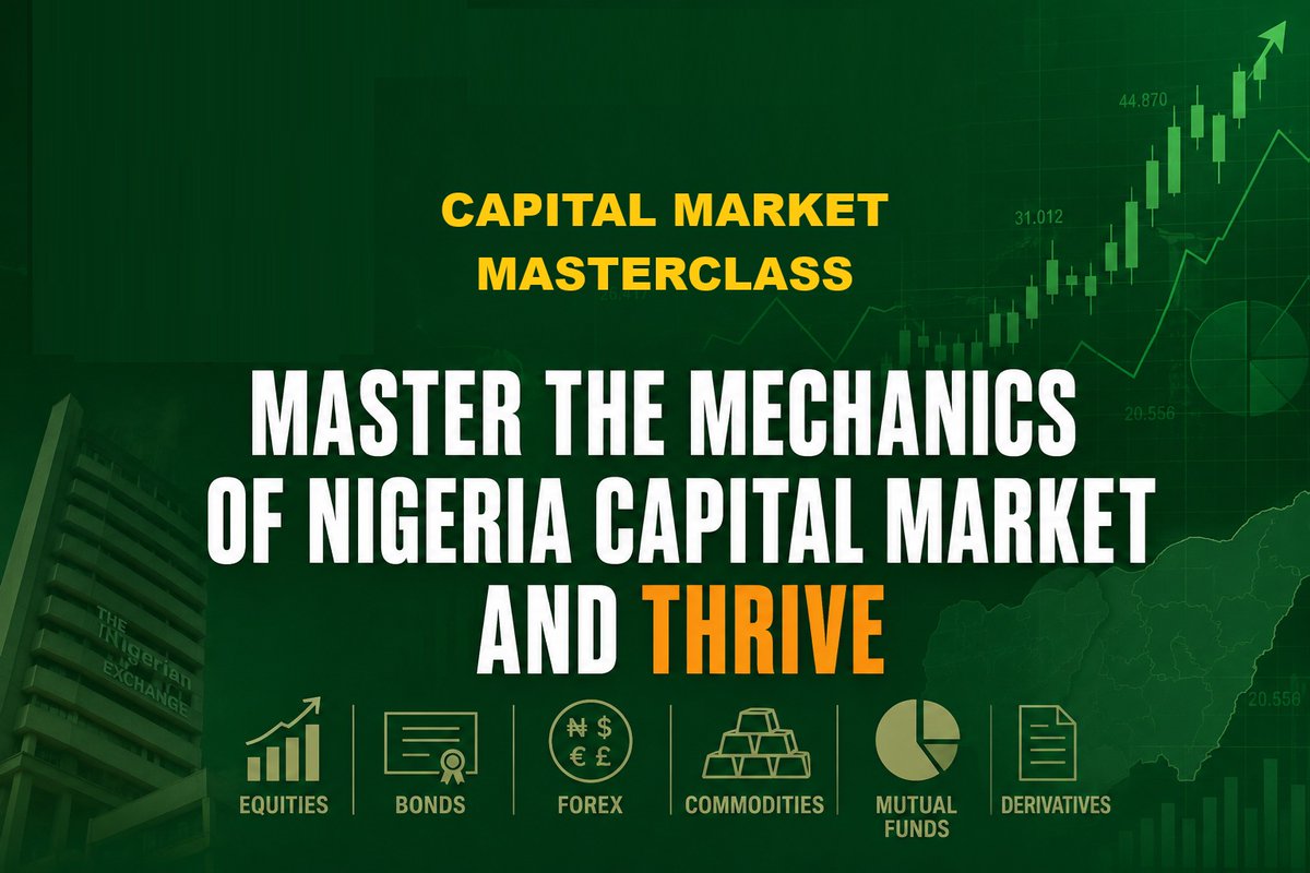 ndekekwe's tweet photo. For 8 weeks, join us at the Nigeria Capital Market Masterclass as we explain the mechanics of Nigeria’s capital market. You will learn how markets truly work, from the structure of the ecosystem to regulations, products, operators, infrastructure, securities exchanges, depositories, technology systems, derivatives, investment banking, wealth creation, and the emerging digital architecture shaping the future of African finance.

Delivered across 14 modules by some of the leading practitioners and market leaders in the industry, the program combines practical market knowledge with deep institutional understanding of Nigeria’s capital market ecosystem.

Good People, if you want to understand one of the most important sectors of Nigeria’s economy and position yourself for opportunities in finance, investment, securities, and market infrastructure, this program is for you.

Pick your seat here; classes begin on June 15, 2026: https://t.co/yff1AB57nT
