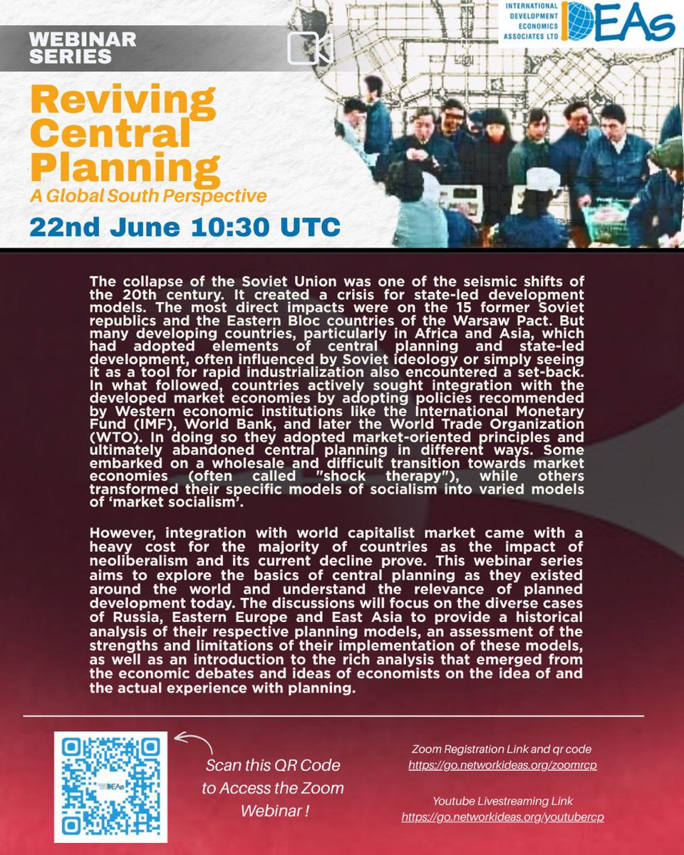 DevEconNetwork's tweet photo. 📢Webinar series on history &amp; relevance of central planning from #GlobalSouth perspective. Join discussion on meaning &amp; legacy of planning in Soviet Union, Eastern Europe, Africa, and East &amp; West Asia.

1st session w/ Prabhat Patnaik, @cpc01 &amp; @farwasial. https://t.co/7xKD33jNFz https://t.co/BWBkvhVUmU