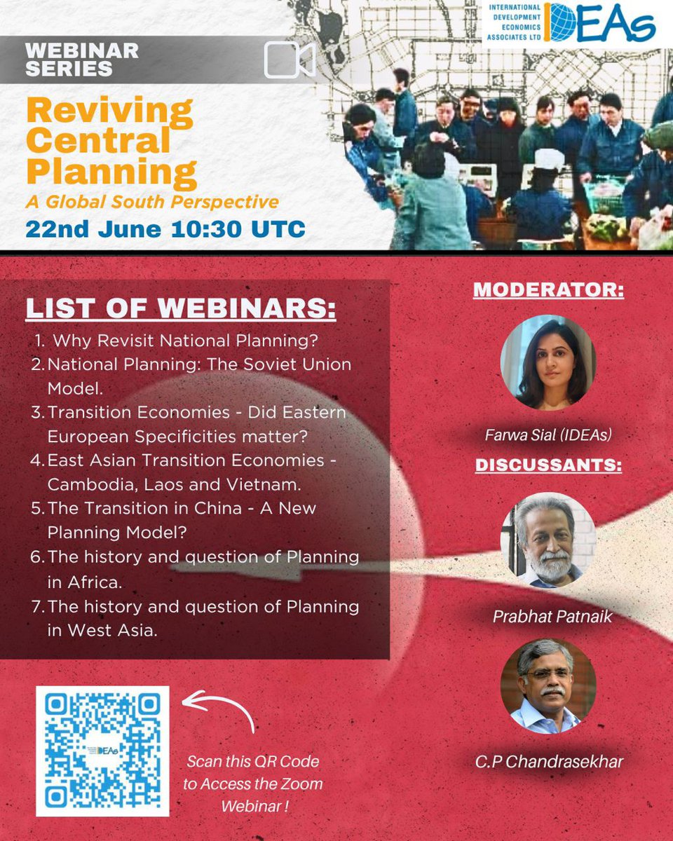 DevEconNetwork's tweet photo. 📢Webinar series on history &amp; relevance of central planning from #GlobalSouth perspective. Join discussion on meaning &amp; legacy of planning in Soviet Union, Eastern Europe, Africa, and East &amp; West Asia.

1st session w/ Prabhat Patnaik, @cpc01 &amp; @farwasial. https://t.co/7xKD33jNFz https://t.co/BWBkvhVUmU