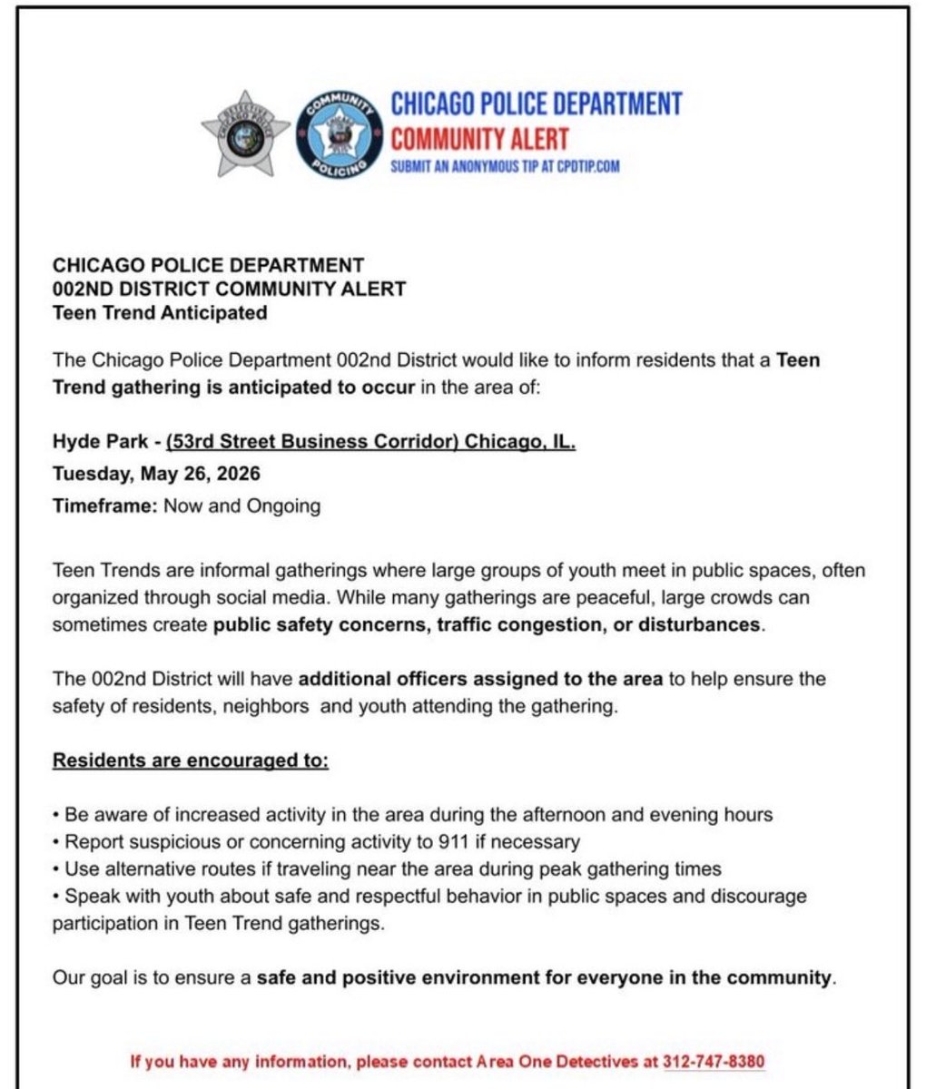 ThinkerChicago's tweet photo. 🚨UChicago police issues warning for a third teen takeover in less than 3 days. 

On Sunday morning, five police officers were hit by a car while trying to contain the violence and three other people were shot. 

How many young doctors and engineers will show up today? https://t.co/mNzm6vKmZZ