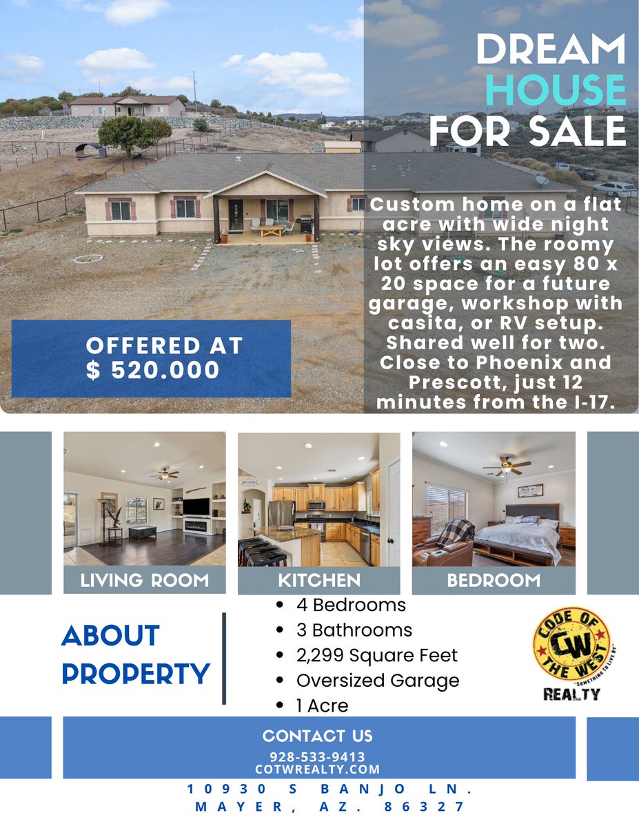 COTWRealty's tweet photo. Dreaming of a home with stunning night sky views? 🌌 This custom beauty sits on a flat acre, offering a generous space for your dream garage or workshop. Just 12 mins to I-17, it's perfect for quick trips to Phoenix &amp; Prescott! #DreamHome #ArizonaLife #RealEstate https://t.co/NYsWU1aG0B