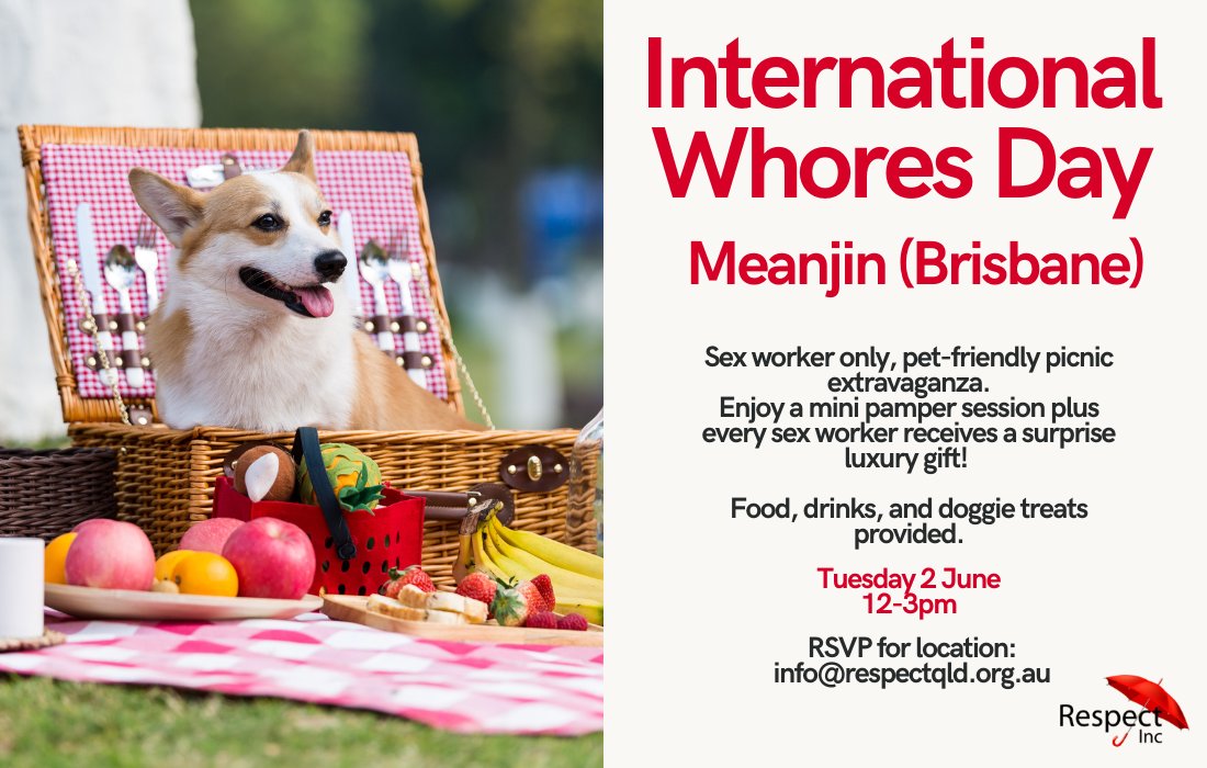 respectqld's tweet photo. Celebrate International Sex Workers Day with Respect Inc!

We’re having a s*x w*rker-only, pet friendly picnic in Meanjin on Tuesday 2 June from 12-3pm. Please RSVP by emailing info@respectqld.org.au to find out the location and notify us of any dietary requirements.

We will have lunch, drinks, a surprise luxury gift for all s*x w*rkers, PLUS mini pamper sessions and lots of pet snuggles! 

Hope to see you there!