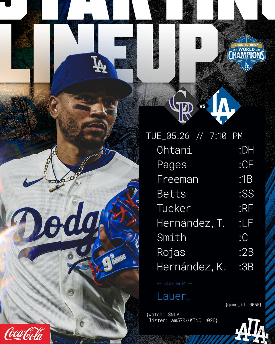 pinky_pooh_56's tweet photo. 🏠ドジャース🆚️ロッキーズ
( Game２) ㏂ 11時10分～

☑️負傷スネルの穴埋めで急遽獲得したラウアーが先発

LAD  先発投手
#エリック・ラウアー
#EricLauer
#?? 左投

LAD  １番 DH
#大谷翔平
#ShoheiOhtani
#17 左打

【 ﾎｰﾑﾗﾝ速報 @D_E_C_O_Y_】
明日(木)も ㏂ 11時10分〜
大谷、登板予定 https://t.co/WuxCnsRDf4