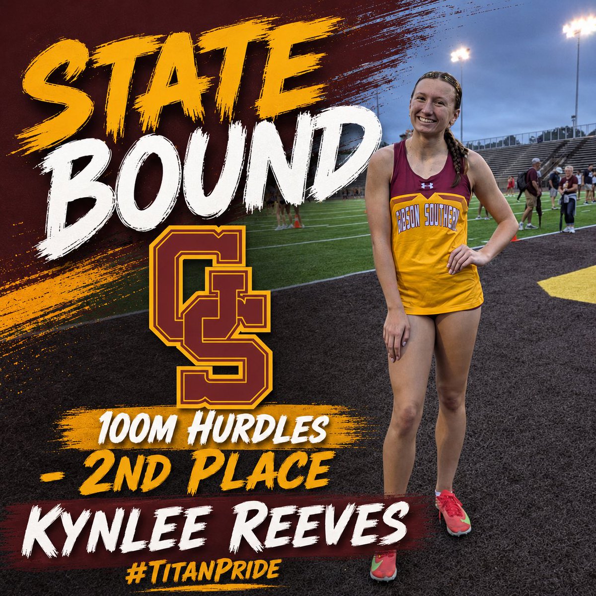 GSTitans1's tweet photo. 🥈State Bound🥈

Congrats to Lady Titan Kynlee Reeves! 
With a time of 15.03, she is Regional Runner-Up &amp; has punched her ticket to State! 

Great job Kynlee! https://t.co/o04ViuR0c0