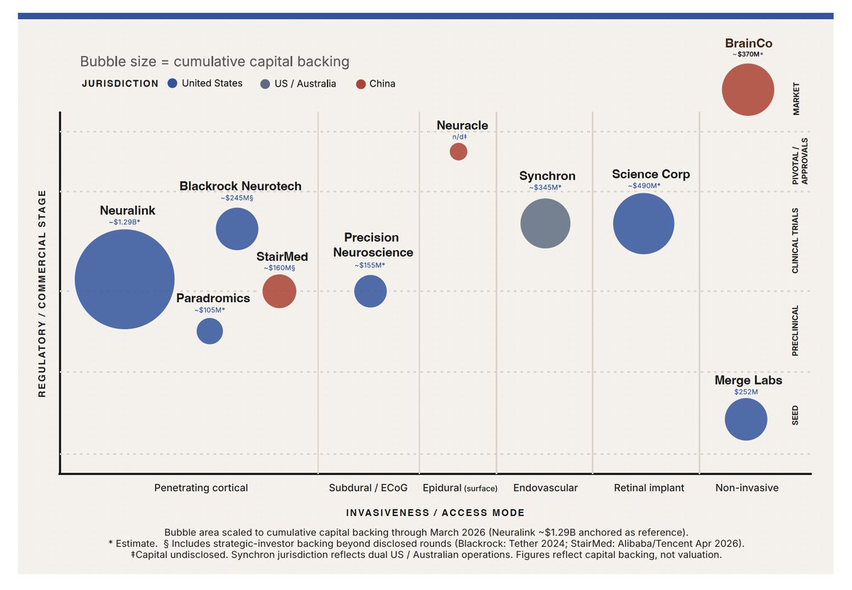 VelcoDar's tweet photo. Ten leading companies are racing to commercialize Brain-Computer Interfaces across various access modes. 

Here is a brief summary of the leading startups in the space:

@neuralink is the most heavily funded in the category at $1.29 billion cumulative capital backing. Its 1,024-electrode N1 array operates under the FDA-approved PRIME study, recently expanded to 21 participants. Targeting high-volume production and thousands of implants annually by 2030. 

@synchroninc (US/Australia) offers the most advanced endovascular approach with its Stentrode; it closed a $200 million Series D, achieved Apple BCI HID integration, and is developing the Chiral cognitive foundation model with NVIDIA. 

@BlackrockNeuro_  brings the longest clinical track record in implantable BCI, over 40 human implants since 2004. Its 96-channel Utah Array remains the academic research standard across published BCI literature. Tether acquired a majority stake for $200 million in 2024. 

@PrecisionNeuro_ Neuroscience uses ultra-thin surface electrodes (1,024 channels per array, 4,096 demonstrated) and closed a $102 million Series C in December 2024; its lower-risk approach secured FDA 510(k) for its electrode arrays in April 2025. 

@ScienceCorp_ is closest to Western commercialization with its PRIMA retinal implant; it raised $230 million in March 2026 and expects CE mark approval by mid-2026. 

@paradromics achieved 200+ bps in preclinical testing with its 421-electrode* Connexus array. First chronic human implant expected H1 2026. (*Single module; full Connexus system links up to four modules for 1,600+ channels at full deployment.)

@merge closed a $252 million seed round led by OpenAI in January 2026 at an $850 million valuation. Pursuing non-invasive sonogenetics. Stealth mode, no public product timeline released yet. 

Neuracle Medical Technology secured the world’s first regulatory approval for an implantable BCI in March 2026 (NMPA clearance for its NEO device). 

Stairmed Technology is the most heavily capitalized invasive Chinese player after a $72.5 million round backed by Alibaba and Tencent. 

BrainCo Inc leads non-invasive BCI globally with scaled products in education and prosthetics; closed a $286 million Series B-II round in January 2026 at a $1.3B pre- IPO valuation, with a Hong Kong IPO targeted. 

Analysis and map from Dargentic's BRAIN-COMPUTER INTERFACES: THE TAKEOFF ERA Report, Released April 2026 (data cut off 31 March 2026).