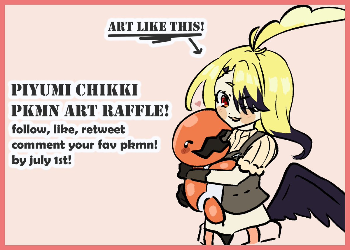 piyumichikki's tweet photo. It's time for a Chikki certified Art Raffle!🎉

1 winner gets a Half-Body, Simple Illustration with their Pokemon of choice, drawn by me!

to enter:
▸follow, ♡, ↻ 
▸(optional) comment your favorite Pokemon!

Announcing the winner on July 1st!💛
#artraffle #artgiveaway #VTuber https://t.co/lrZrfJu74W