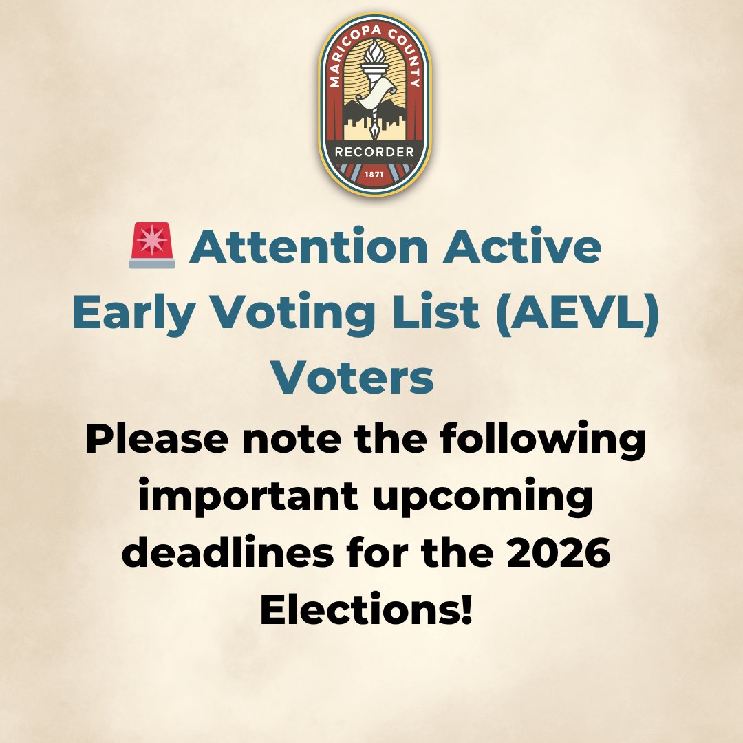 RecordersOffice's tweet photo. 🚨 DEADLINE ALERT 🚨

Tomorrow, May 27, is the last day for AEVL voters to return their 90-Day Notice for the 2026 Primary and General Elections with updates to their voter record, including:

💠 Updating an address
 💠 Adding a temporary mailing address
 💠 Requesting not to receive a mail ballot
 💠 Requesting removal from AEVL

🗳️ Independent/Unaffiliated voters:
Choose your preferred party ballot for the July 21, 2026, Primary Election by returning your 90-Day Notice or online at https://t.co/szzWBP2vvH

Independent/Unaffiliated ballot options include:
💠 Democratic
 💠 Republican
 💠 No Labels
 💠 City/Town Only (if applicable)

📋 Party-affiliated voters:
Verify your registration and address at https://t.co/qbT5vwnecl

✈️Out of town?
Request a one-time ballot to a temporary address using your 90-Day Notice or online at https://t.co/szzWBP2vvH

📬 Ballots are mailed 27 days before Election Day.
