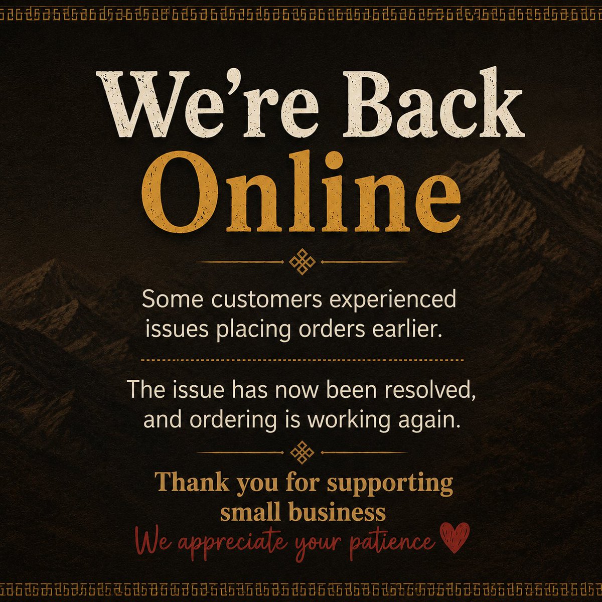 YakAndBrew's tweet photo. A few of you reached out to let us know you were having trouble placing orders earlier today, and we want to sincerely thank you for bringing it to our attention.

The issue has now been resolved and ordering is working again.

If you tried earlier, please try again, and if you still experience any issues, reach out to us at Support@yakandbrew.com.

We truly appreciate your patience and your support.

Thank you for helping us continue sharing authentic Himalayan fermentation traditions here in the US ❤️