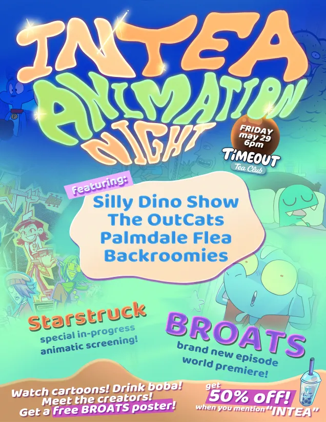 waebakstudios's tweet photo. Did you miss out on MomoCon? 

Do you still wanna see Starstruck?   

Then come to TimeOut Tea Club in North Hollywood this Friday at 6 PM for another screening of an early version of the animatic!   

We'll also be selling keychains and stickers of the characters! https://t.co/1GWtNwYTJ2