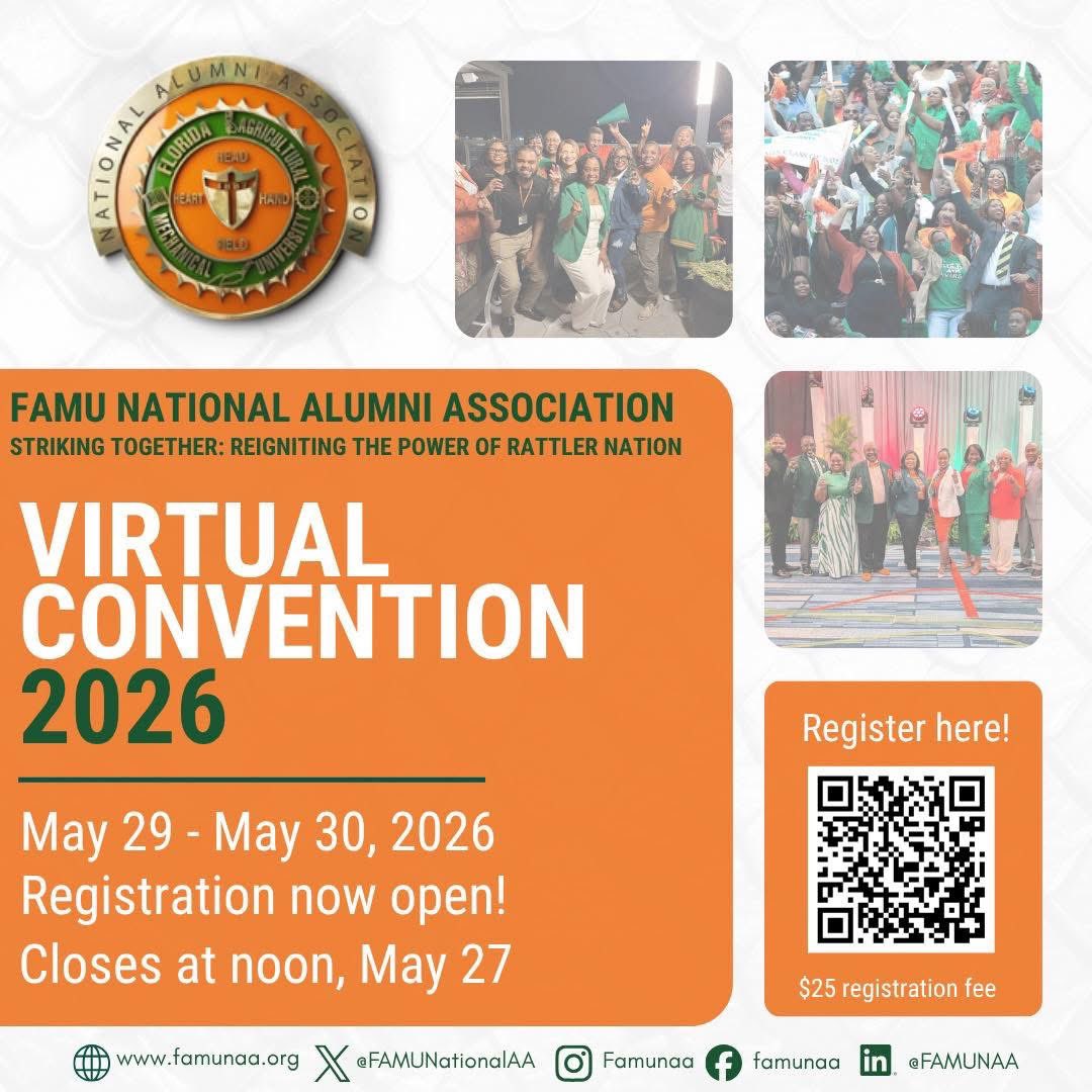 FAMUNationalAA's tweet photo. Join Rattlers from across the country as we come together under the theme:

“Striking Together: Reigniting the Power of Rattler Nation”

May 29 – May 30, 2026
Registration now open!
Closes at noon, May 27
Click the link below to register 
https://t.co/p9bKtFspaO https://t.co/FBm3MypMZZ