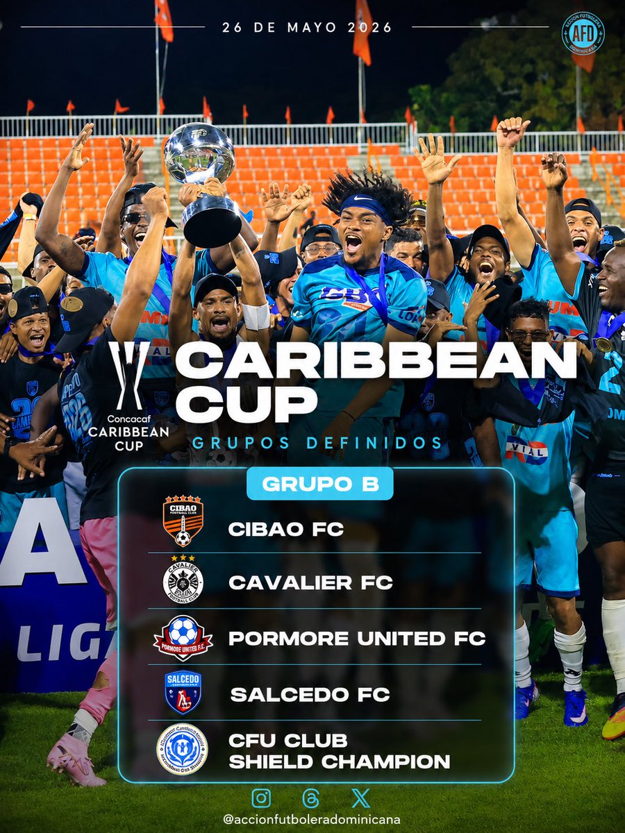 AFDOMINICANA's tweet photo. 🏆🇩🇴 Cibao FC y Salcedo FC ya conocen su grupo para la Caribbean Cup 2026.

Ambos clubes dominicanos compartirán el Grupo B del torneo regional que iniciará en agosto. 🔥

#AFD #FutbolDominicano #CaribbeanCup #CibaoFC #SalcedoFC https://t.co/GaqEr8VyKA