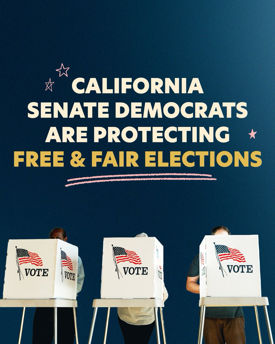 CASenateDems's tweet photo. Voters' rights continue to be at risk across the country. That’s why the California State Senate has passed SB 73 by @SenCervantes and @SenatorUmberg to ensure voters can cast their ballots without fear of intimidation. 🐻🗳️ https://t.co/JkGAKbAt7M