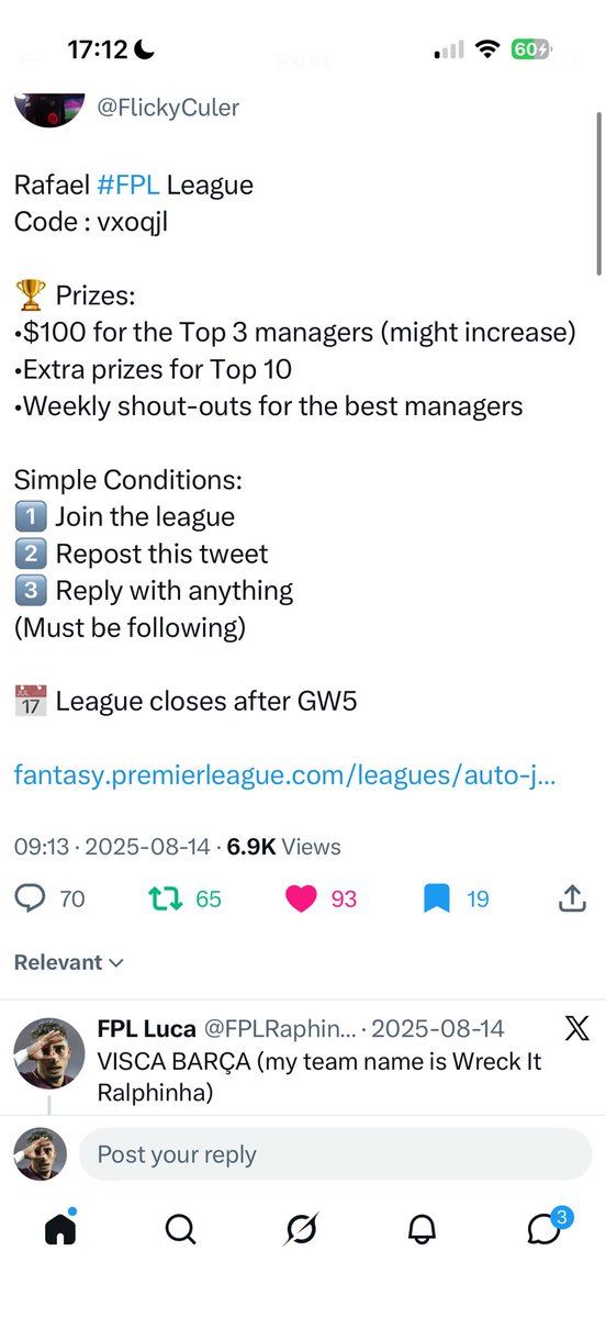 FPLRaphinha's tweet photo. @FlickyCuler hey bro I won your mini league. How may I please claim my prize? https://t.co/nzDK77JvEr