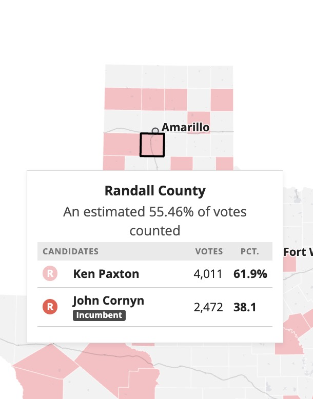 stevenpair's tweet photo. This is interesting. Cornyn pulled 52.85% of the vote in Randall County in March. #TXSEN https://t.co/8W33dlgTZA