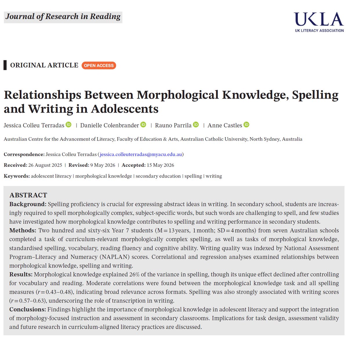 JessicaColleu's tweet photo. My first publication is officially out 🎉
Open Access in the Journal for Research in Reading.
https://t.co/BHnlOweRUg
Grateful for everyone who supported this work — especially my supervisors @annecastles @dccolen  and the schools, parents, and students involved. @ACUmedia https://t.co/u5meDcxsbc